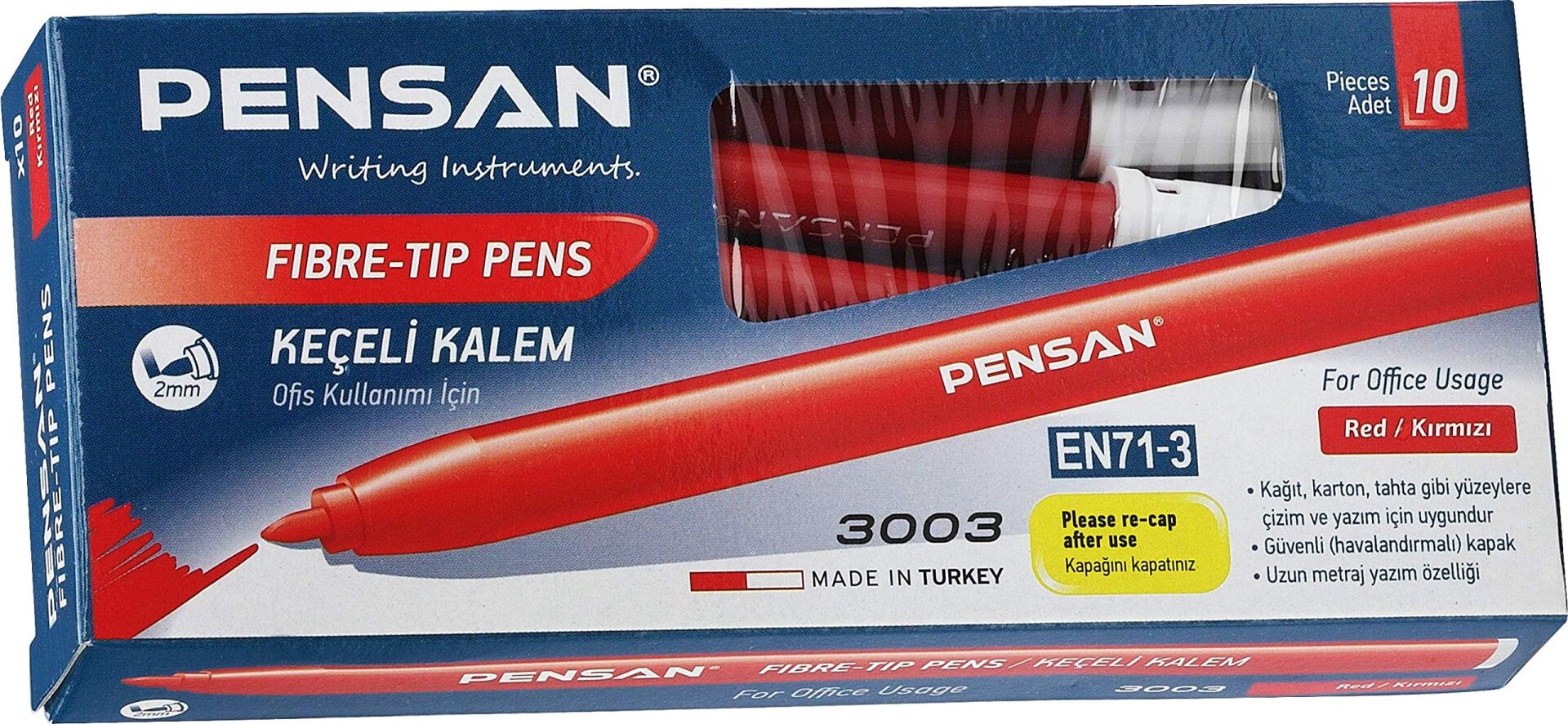 PENSAN KIRMIZI KEÇELİ KALEM 10 LU